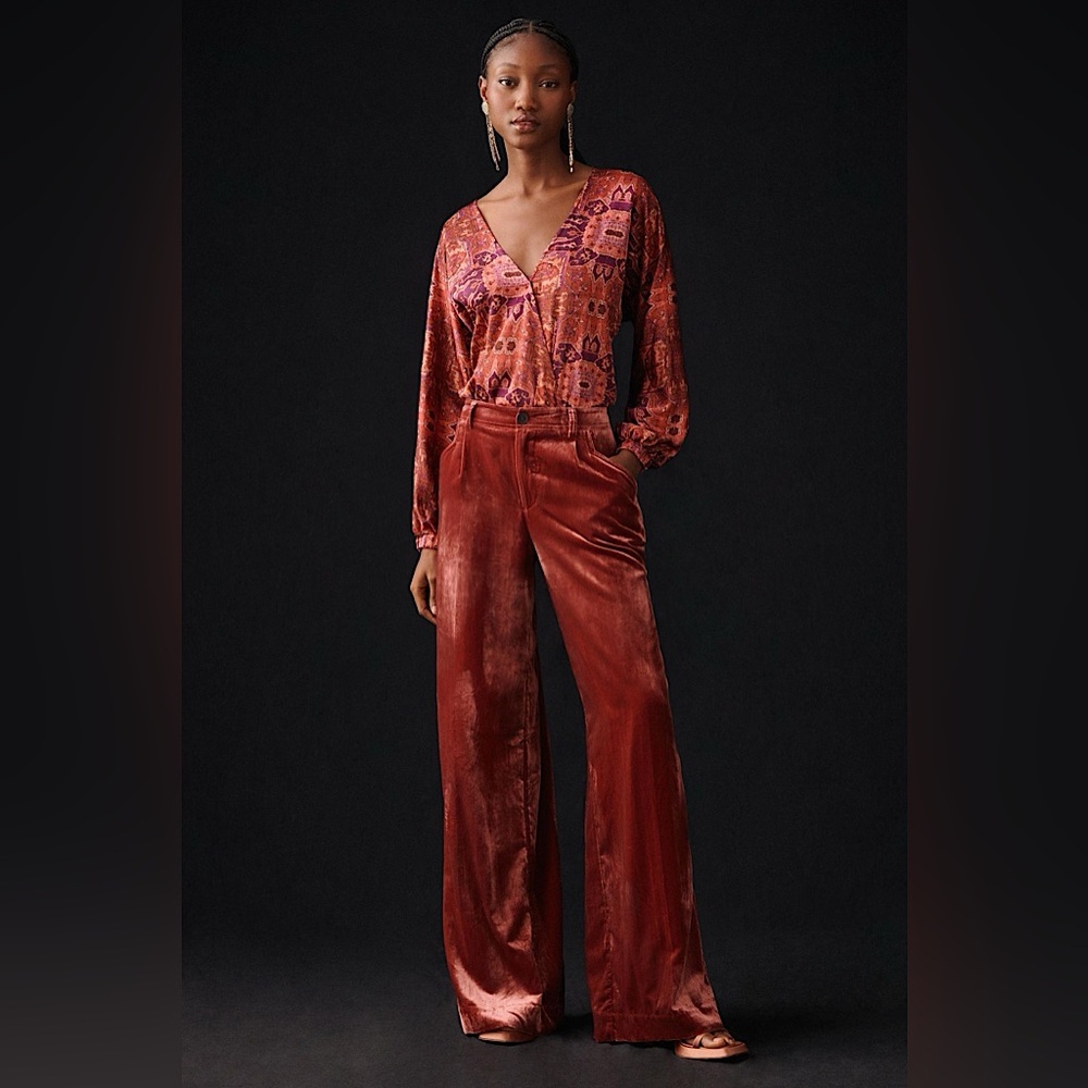 🍷By Anthropologie Wide-Leg Velvet Trousers, 12 Tall